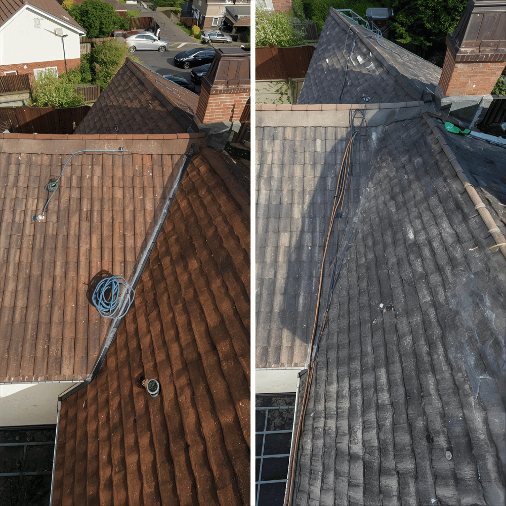 Before and after of a roof clean
